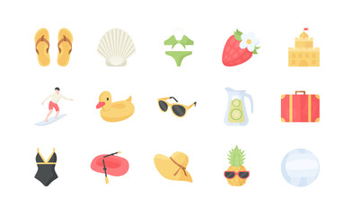 Summer color icons on white background, illustration, set. Icons for travel and leisure site. Beach Icons.