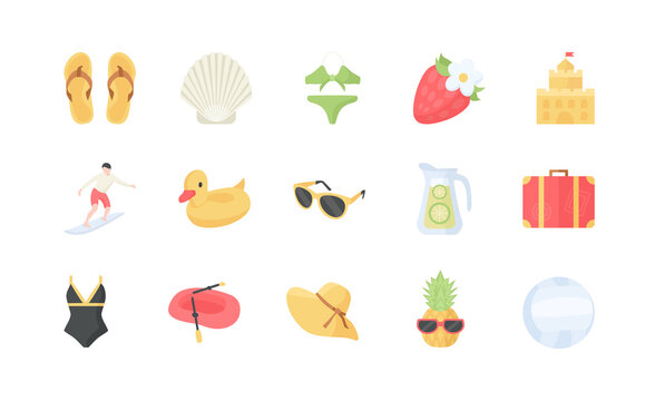 Summer color icons on white background, illustration, set. Icons for travel and leisure site. Beach Icons.