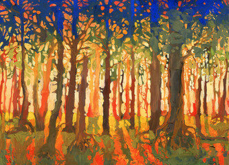 Bright sunset in forest hand-made artwork