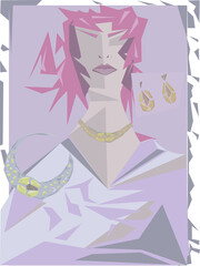 a woman in the style of fashion with a set of jewelry, in the style of cubism