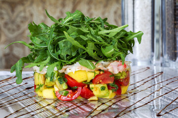 Fresh tomato and avocado with aromatic herbs. As backdrop for menus, cookbooks, advertisements and other culinary projects