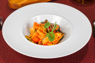 closeup of juicy pasta and tomato sauce. As backdrop for menus, cookbooks, advertisements and other culinary projects