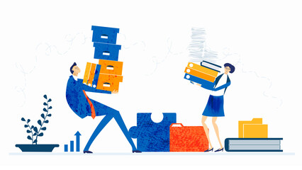 Business people caring files and documents, overloaded with work, working late hours under the stress. Financial and economical crisis, competition in professional life, dead line