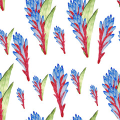Bouquets of a blossoming exotic flower of Quesnel. Illustration in the form of a seamless pattern on a white background.