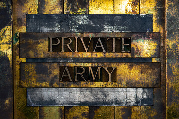 Private Army text formed with real authentic typeset letters on vintage textured silver grunge copper and gold background