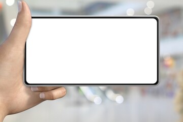 communication mockup created from real photography - hand with smartphone with blank clear screen on bokeh business background