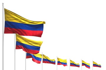 cute many Colombia flags placed diagonal isolated on white with place for your text - any celebration flag 3d illustration..