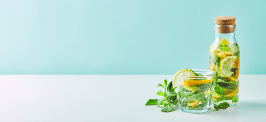 Fresh cool lemon-mint water, cocktail, detox drink.
