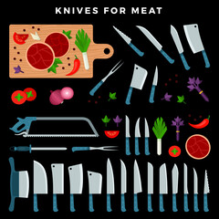 Cooking a beef steak. Lots of different herbs, condiments and ingredients on wooden table. Meat cutting knives set. on dark background