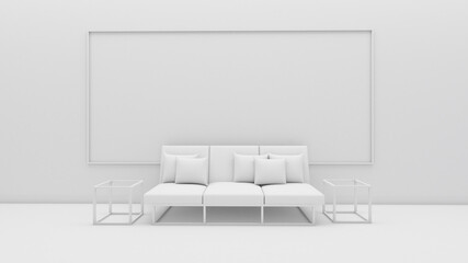 3d rendering of living room interior design, sofa and pillow, mockup on white screen