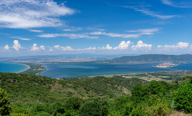 Fototapeta na wymiar Beautiful aerial view of Orbetello and the Lagoon from the convent of the Passionist Fathers, Grosseto, Italy