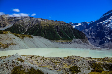 Fototapeta na wymiar Milky green Mueller Lake & Mueller Glacier from the Hooker Valley Track, Aoraki Mount Cook N.P, Canterbury, South Island, New Zealand