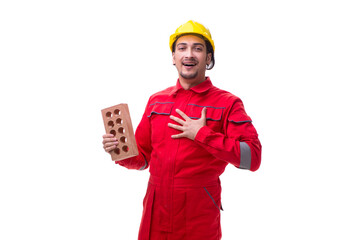 Young male mason with brick isolated on white