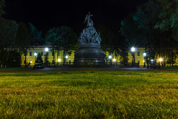 Night photograph of the monument from the day the millennium of Russia was founded in the center of the Novgorod Kremlin in Veliky Novgorod, Russia. Popular attraction