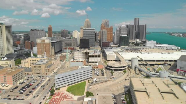 Downtown Detroit Aerial Flying Right Beautiful Day
