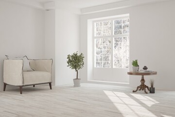 White cozy minimalist room with armchair. Scandinavian interior design. 3D illustration