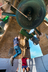 Bell ringers, Santiago Church, Utrera town, Sevilla province, Andalusia, Spain, Europe