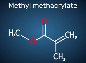 Methyl methacrylate, MMA molecule. It is methyl ester of methacrylic acid, is monomer  for the production of poly(methyl methacrylate). Dark blue background. Vector illustration