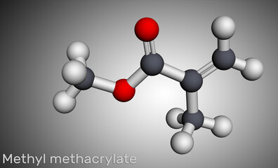 Methyl methacrylate, MMA molecule. It is methyl ester of methacrylic acid, is monomer  for the production of poly(methyl methacrylate). Molecular model