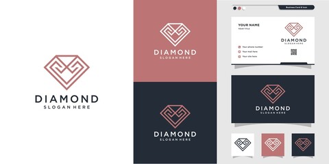 Diamond logo with line art style and business card design, luxury, abstract, beauty, icon, hexagon, gems Premium Vector