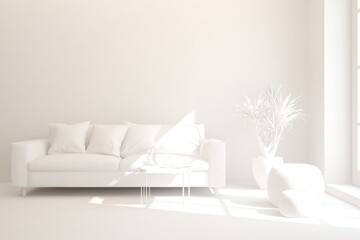 Minimalist room with sofa in white color. Scandinavian interior design. 3D illustration