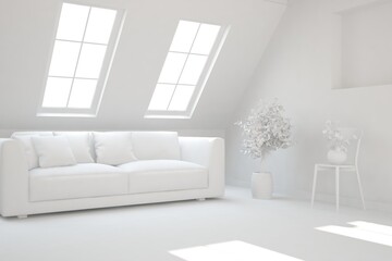 Minimalist room with sofa in white color. Scandinavian interior design. 3D illustration
