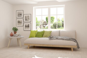 White stylish minimalist room with sofa and summer landscape in window. Scandinavian interior design. 3D illustration