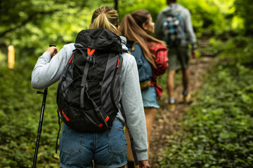 Group of friends hiking together in nature.They walking on old path.Rear view.	
