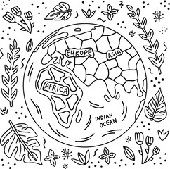 Planet Earth doodle illustration. International Friendship Day. Eurasia and Africa on the globe on botanical background