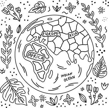 Planet Earth doodle illustration. International Friendship Day. Eurasia and Africa on the globe on botanical background