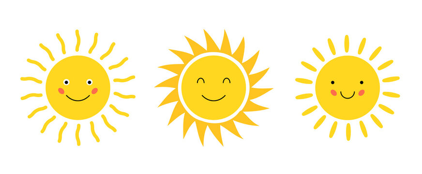 Emoji cartoon sun vector flat icon. Doodle sunshine cute happy sun face