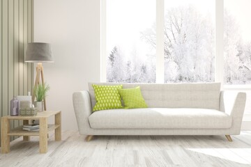 White stylish minimalist room with sofa and winter landscape in window. Scandinavian interior design. 3D illustration