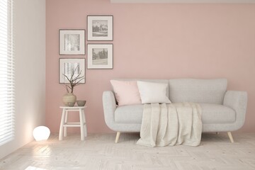 Pink stylish minimalist room with sofa. Scandinavian interior design. 3D illustration