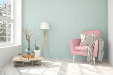Turquoise cozy minimalist room with pink armchair. Scandinavian interior design. 3D illustration