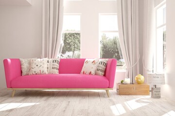 White stylish minimalist room with pink sofa. Scandinavian interior design. 3D illustration