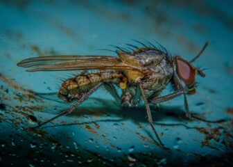 Fly on a piece of blue wood