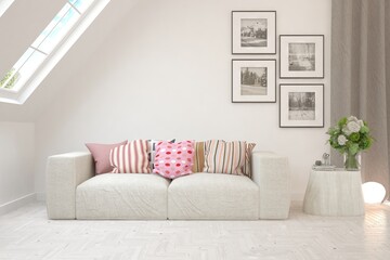 White stylish minimalist room with sofa. Scandinavian interior design. 3D illustration