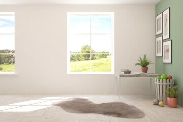 White stylish empty room with summer landscape in window. Scandinavian interior design. 3D illustration