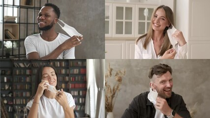 Happy friends take off medical mask during virtual meeting. Webcam view. End of the pandemic. Group video call. Computer screen collage. Remote communication. Online chat conference. Close up 4K - Powered by Adobe