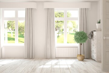 Fototapeta na wymiar White stylish empty room with summer landscape in window. Scandinavian interior design. 3D illustration