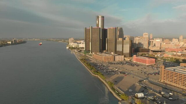 Detroit River Downtown Freighter At Sunrise