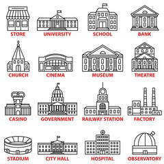 Government buildings icons set. Vector isolated outline illustrations