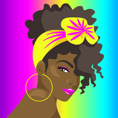 Beautiful black girl with a bright bandage and curly hair on a colored rainbow gradient background.