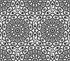 Seamless black Islamic pattern isolated on white background. Interlacing lines. Floral elements. Traditional oriental graphic style. 
