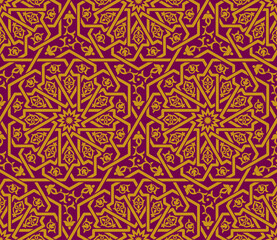 Seamless golden Islamic pattern, ruby red backdrop. Traditional oriental graphic style. Interlacing lines. Floral elements. 