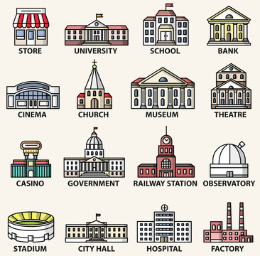 Government buildings. Vector colorful flat style illustrations set