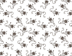 Hand drawn simple style seamless pattern of tea bags. Funny smiling breakfast cartoon characters background.