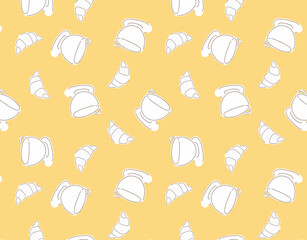 Hand drawn simple style seamless pattern of cup with croissants. Funny cartoon background.