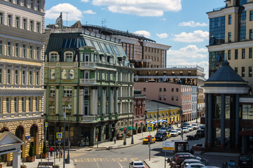 panoramic view of Balchug street in the historical center of the city from the Bolshoy Moskvoretsky bridge on a summer Sunny day and space for copying Moscow Russia