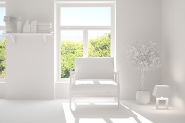 Fototapeta na wymiar Stylish room in white color with armchair and green landscape in window. Scandinavian interior design. 3D illustration